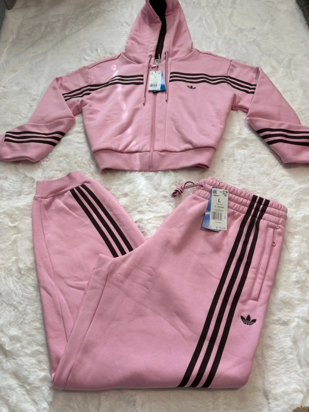 NWT Adidas Originals 70s Short Full Zip Fleece Hoodie & Joggers, True Pink - Picture 2 of 8